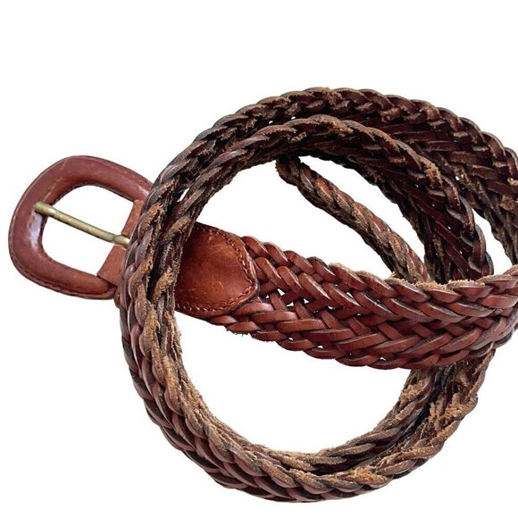 VTG 90s Talbots Braided Weaved Genuine Leather Brown Belt Women’s L CLASSIC - Picture 2 of 6